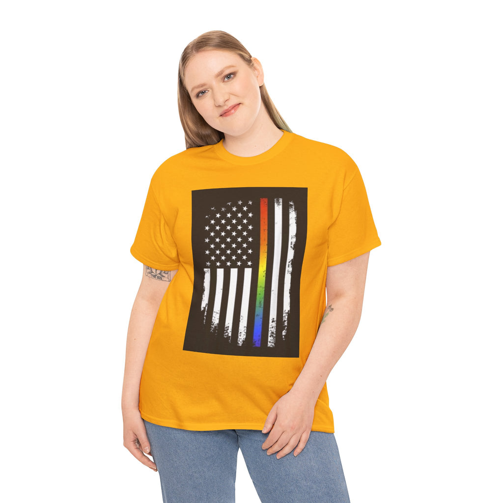 LGBTQ+ Pride Flag T‑Shirt — Distressed American Flag with Rainbow Stripe