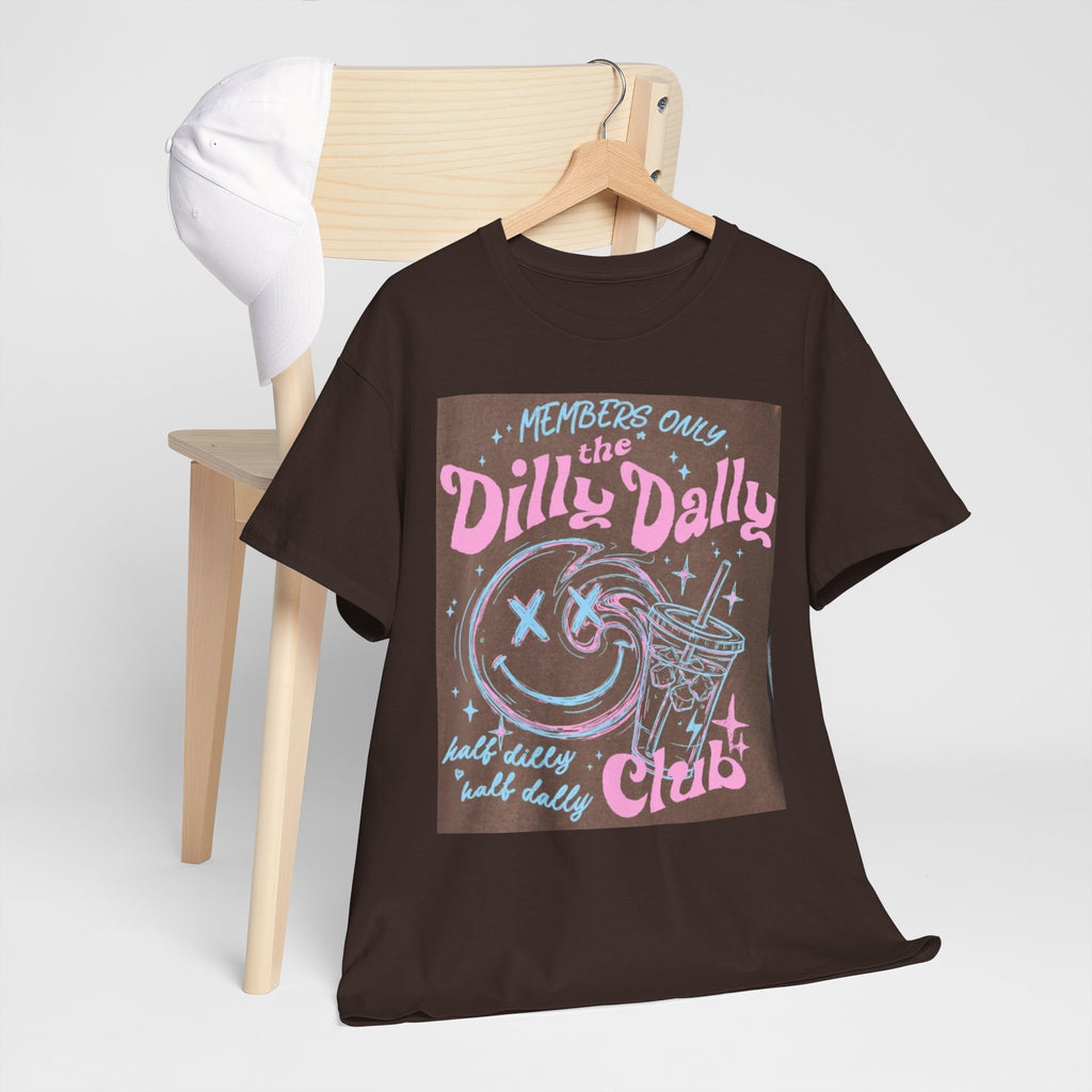 Dilly Dally Club Graphic Tee — Retro Pastel Drink & Moon Design