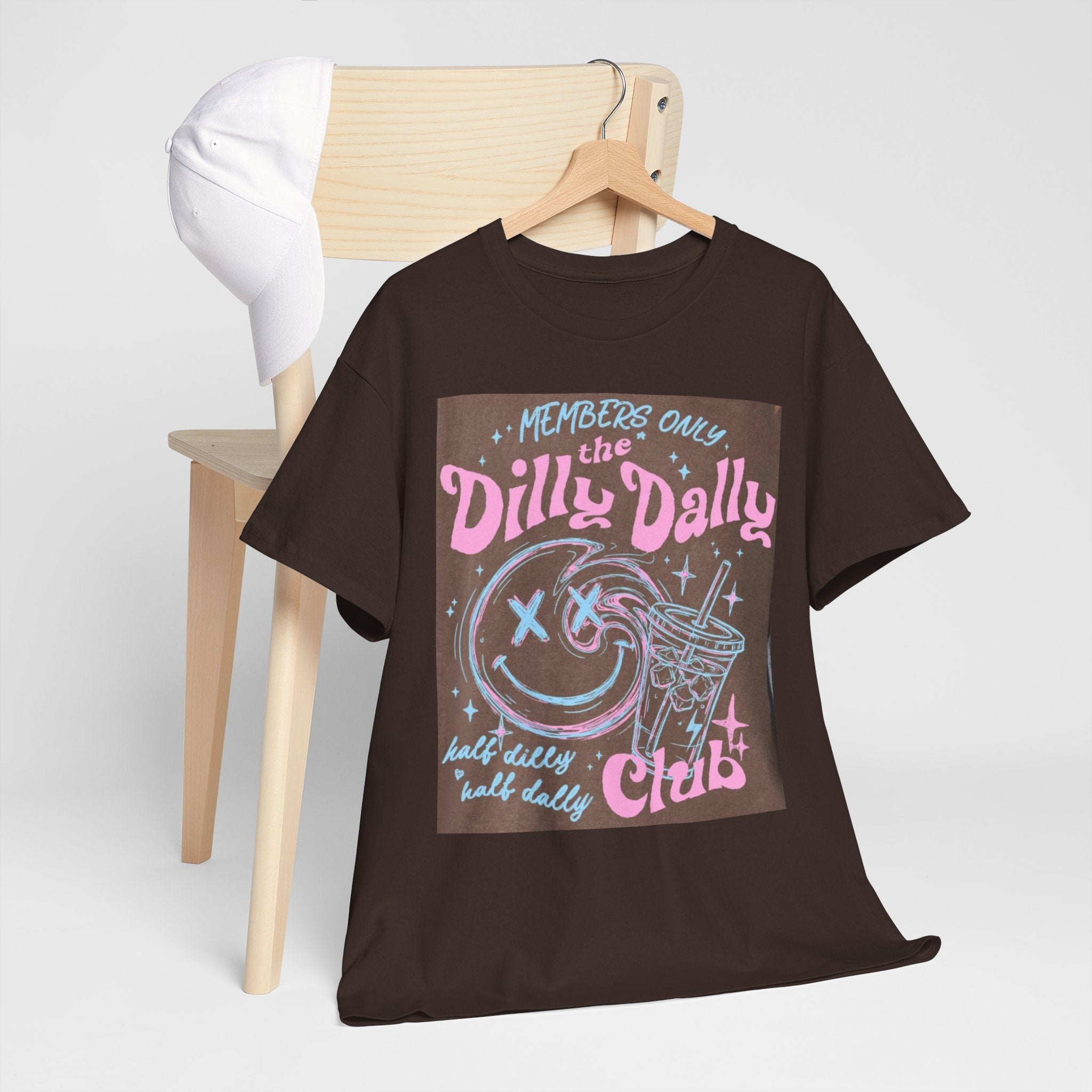 Dilly Dally Club Graphic Tee — Retro Pastel Drink & Moon Design