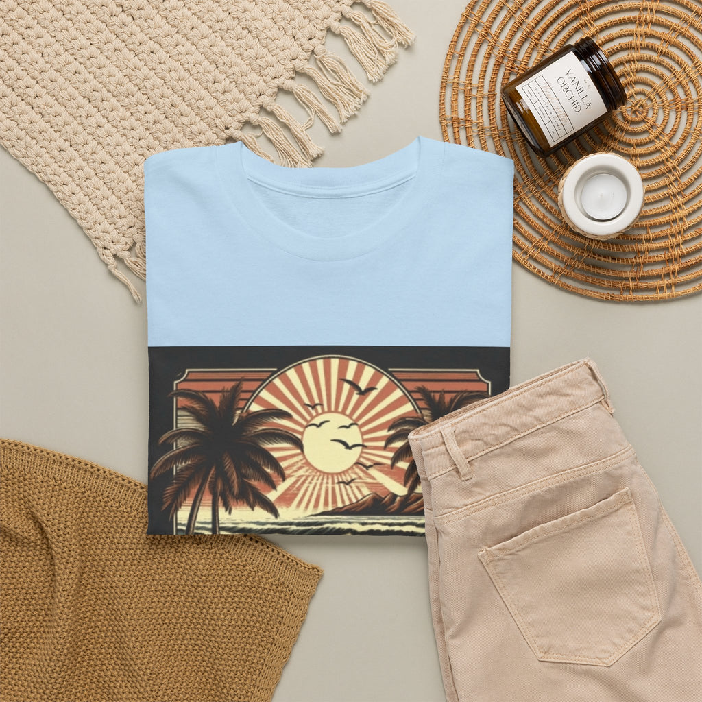 Retro Tropical Beach T-Shirt — Vintage Palm Sunset Graphic Tee