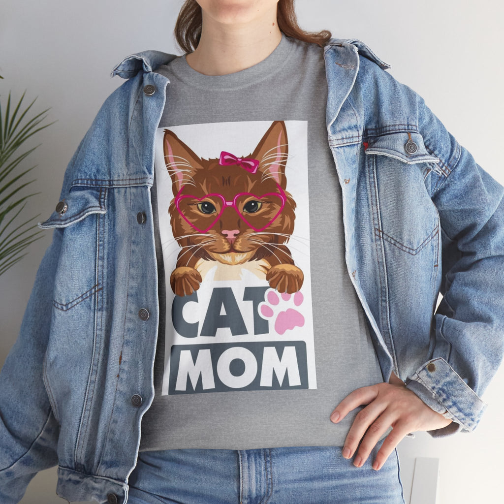 Cat Mom T-Shirt — Cute Cat Face Graphic Tee with "CAT MOM" Paw Print