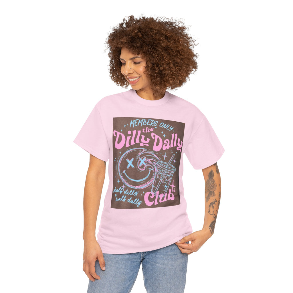 Dilly Dally Club Graphic Tee — Retro Pastel Drink & Moon Design