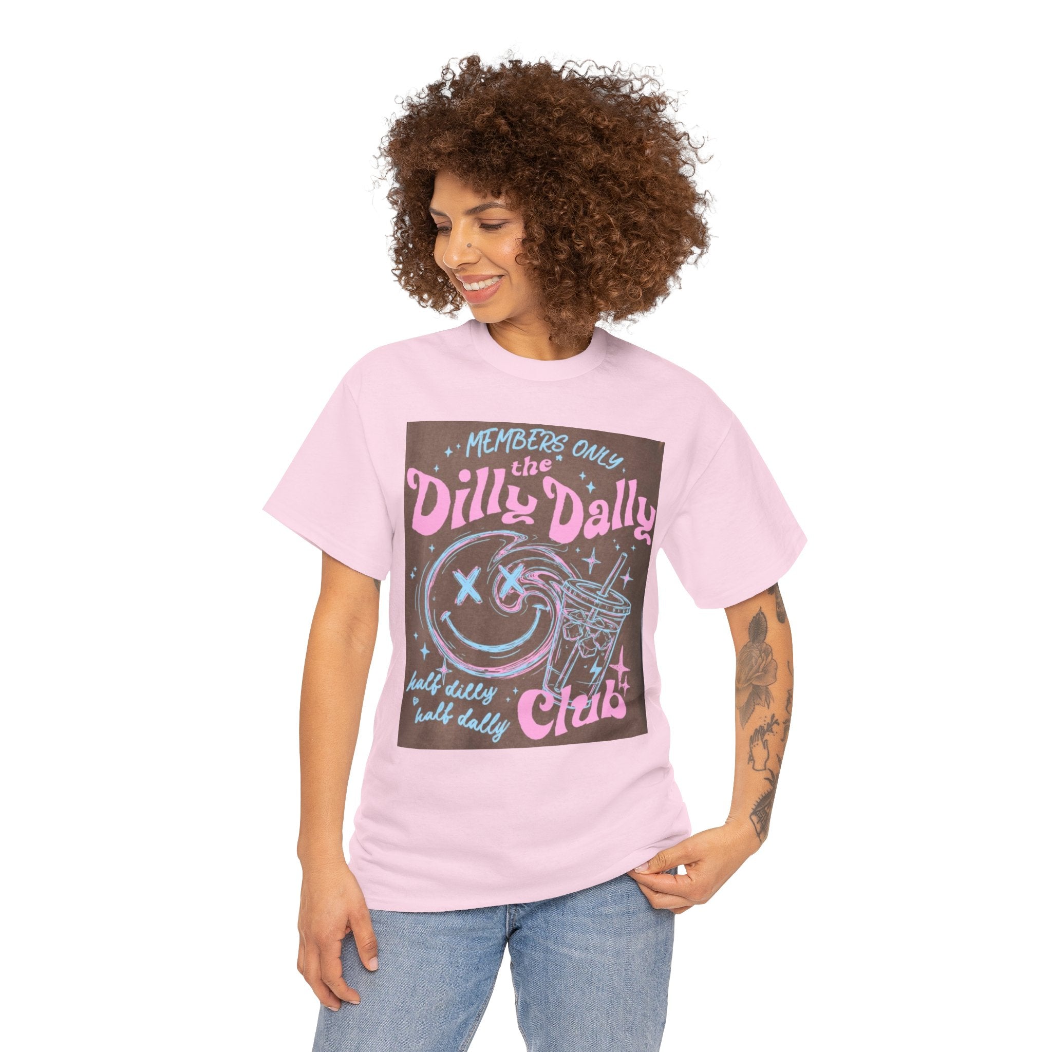 Dilly Dally Club Graphic Tee — Retro Pastel Drink & Moon Design