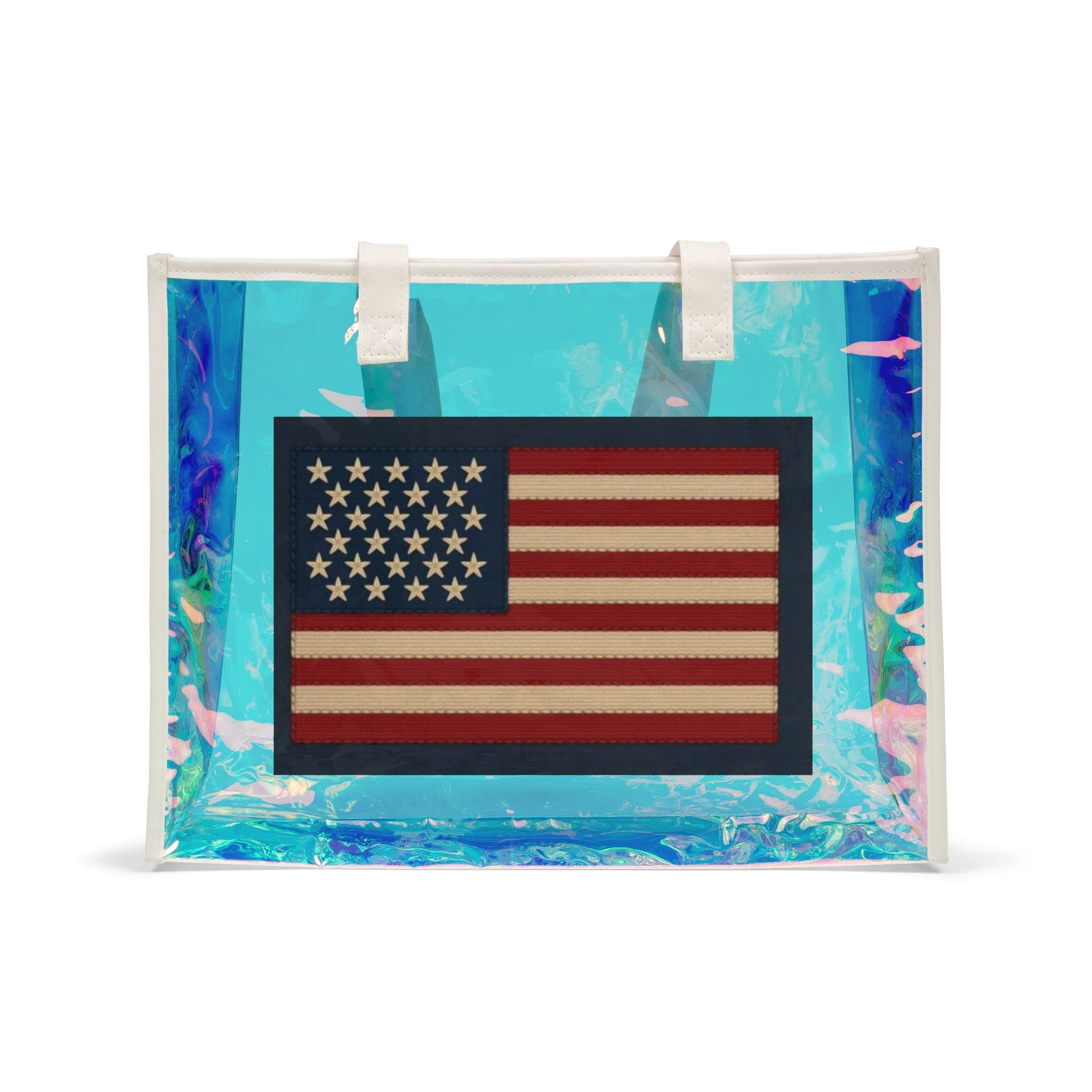 Holographic Beach Tote Bag with American Flag – Clear Iridescent Pool & Travel Bag