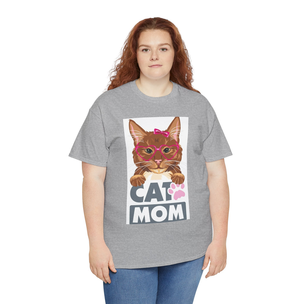 Cat Mom T-Shirt — Cute Cat Face Graphic Tee with "CAT MOM" Paw Print