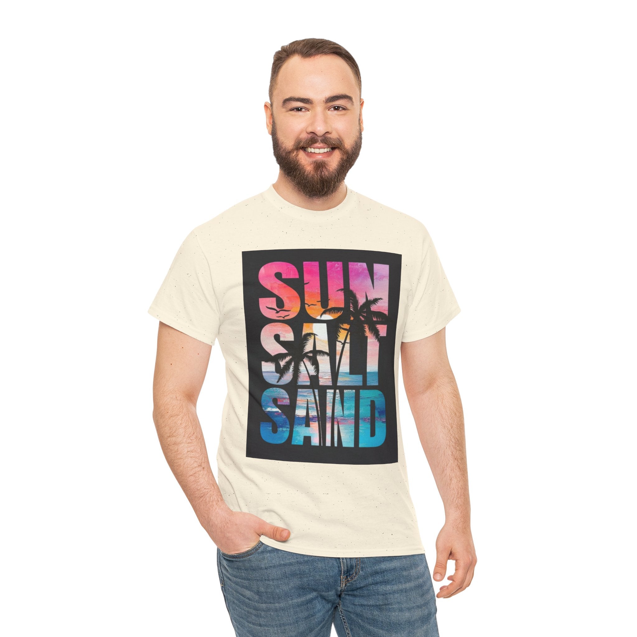 Sun Salt Sand Beach T-Shirt — Tropical Palm Sunset Graphic Tee