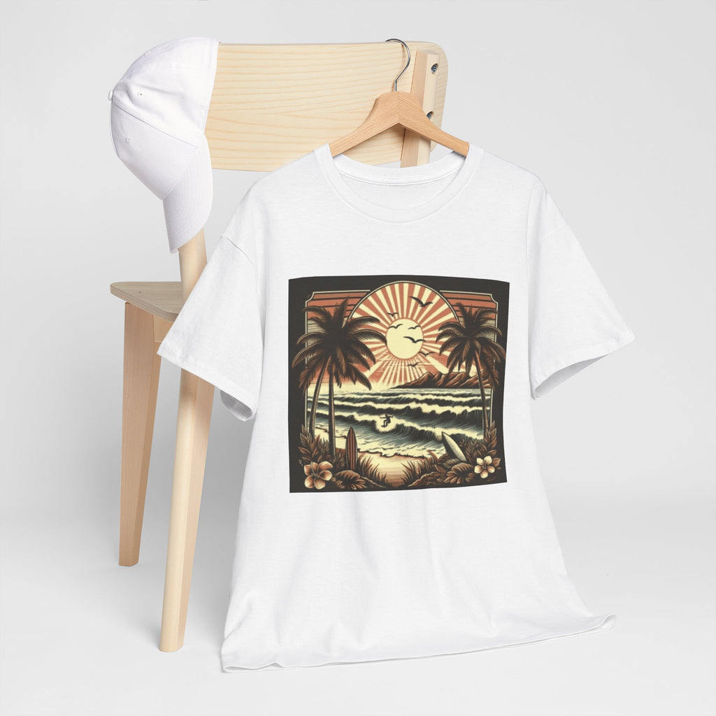 Retro Tropical Beach T-Shirt — Vintage Palm Sunset Graphic Tee