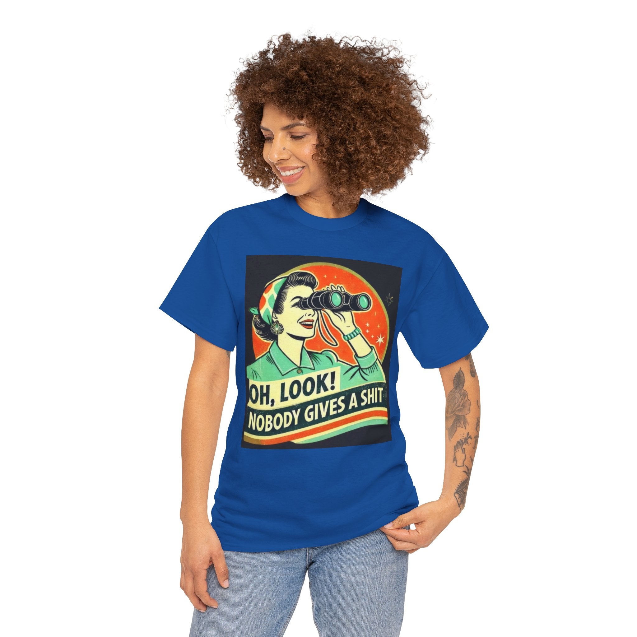 Graphic Tee — "Oh, Look! Nobody Gives a Shit" Retro Binoculars Design