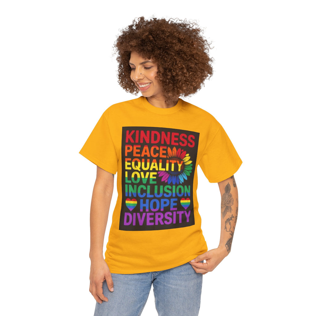 Kindness Peace Equality Rainbow T-Shirt — Pride Inclusion & Diversity Tee
