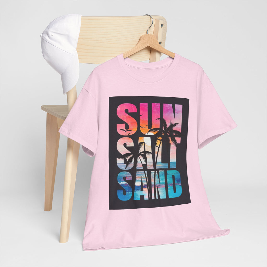 Sun Salt Sand Beach T-Shirt — Tropical Palm Sunset Graphic Tee