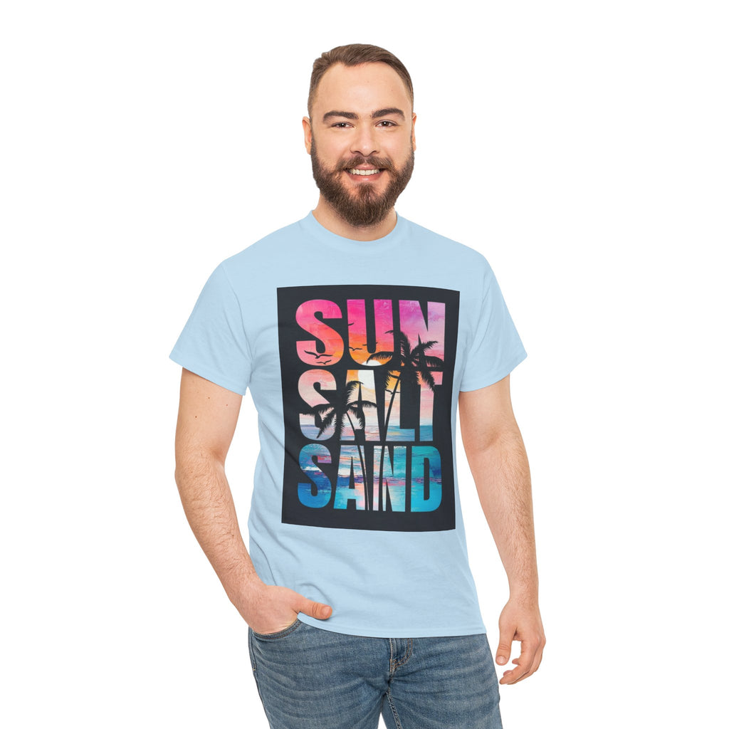 Sun Salt Sand Beach T-Shirt — Tropical Palm Sunset Graphic Tee