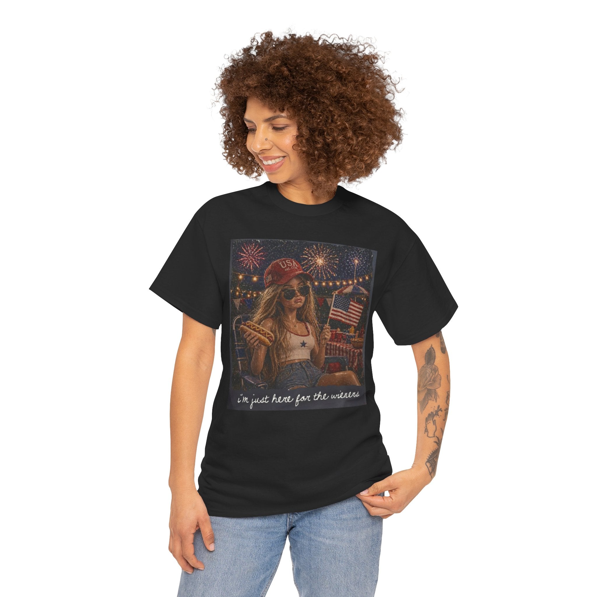 Patriotic Girl Graphic Tee — "I'm Just Here for the Fireworks" 4th of July Shirt