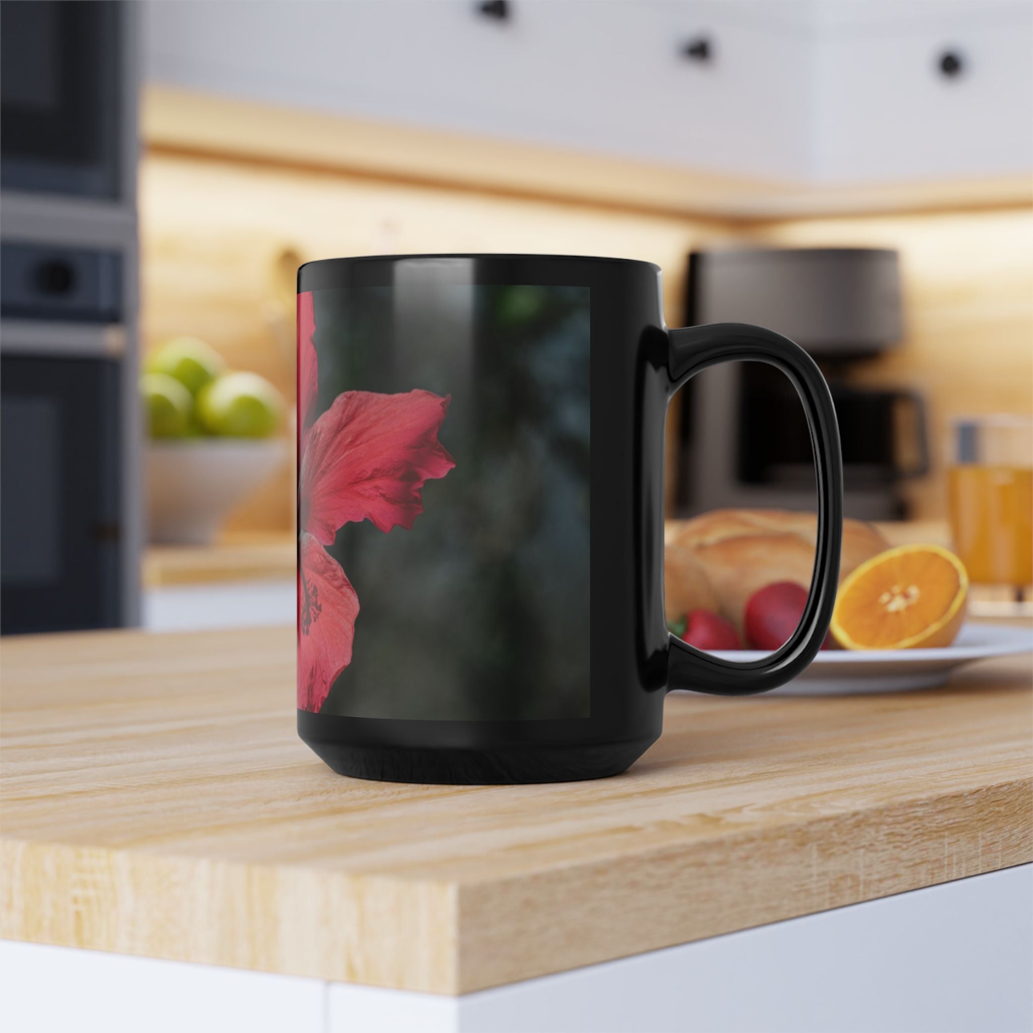 Hibiscus Floral Black Mug - Tropical Red Flower Coffee Cup (11oz/15oz)