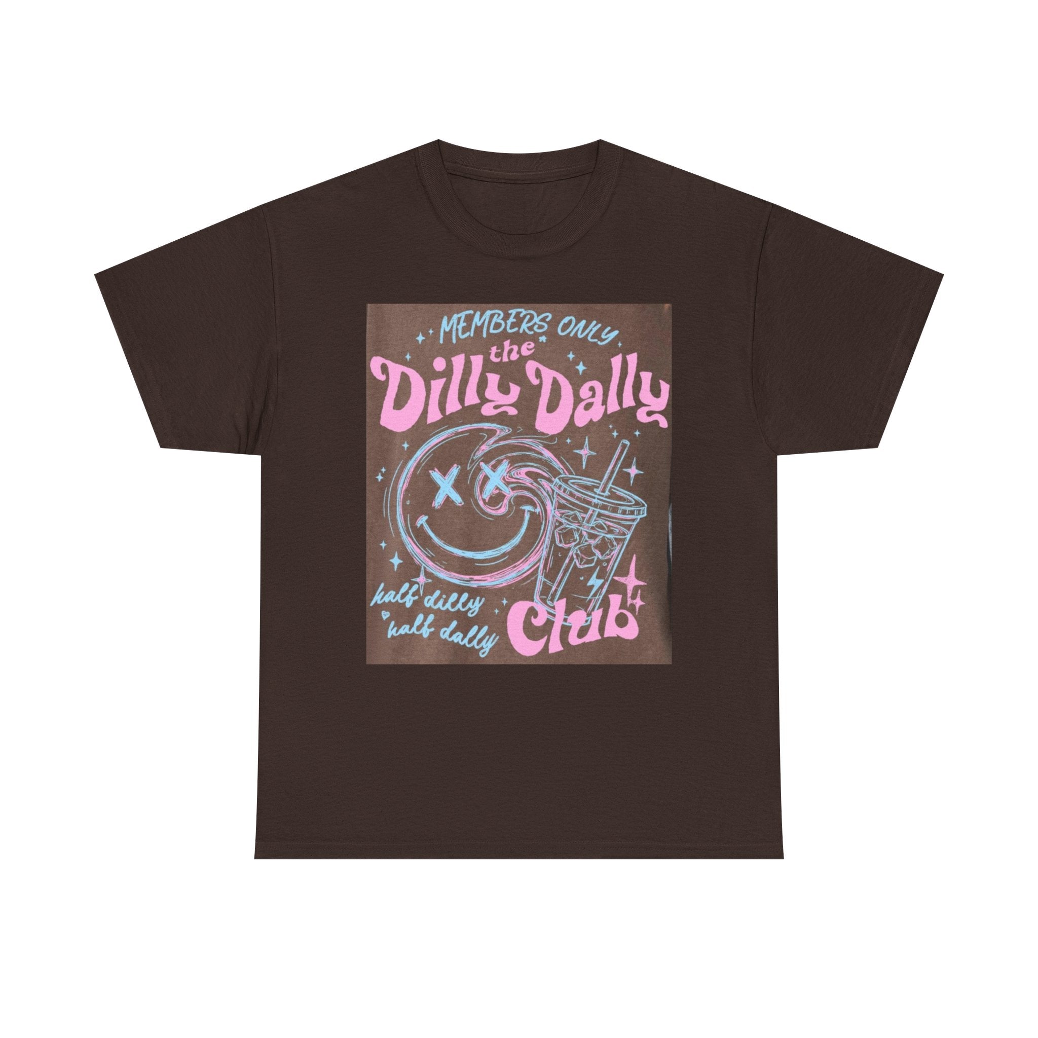 Dilly Dally Club Graphic Tee — Retro Pastel Drink & Moon Design