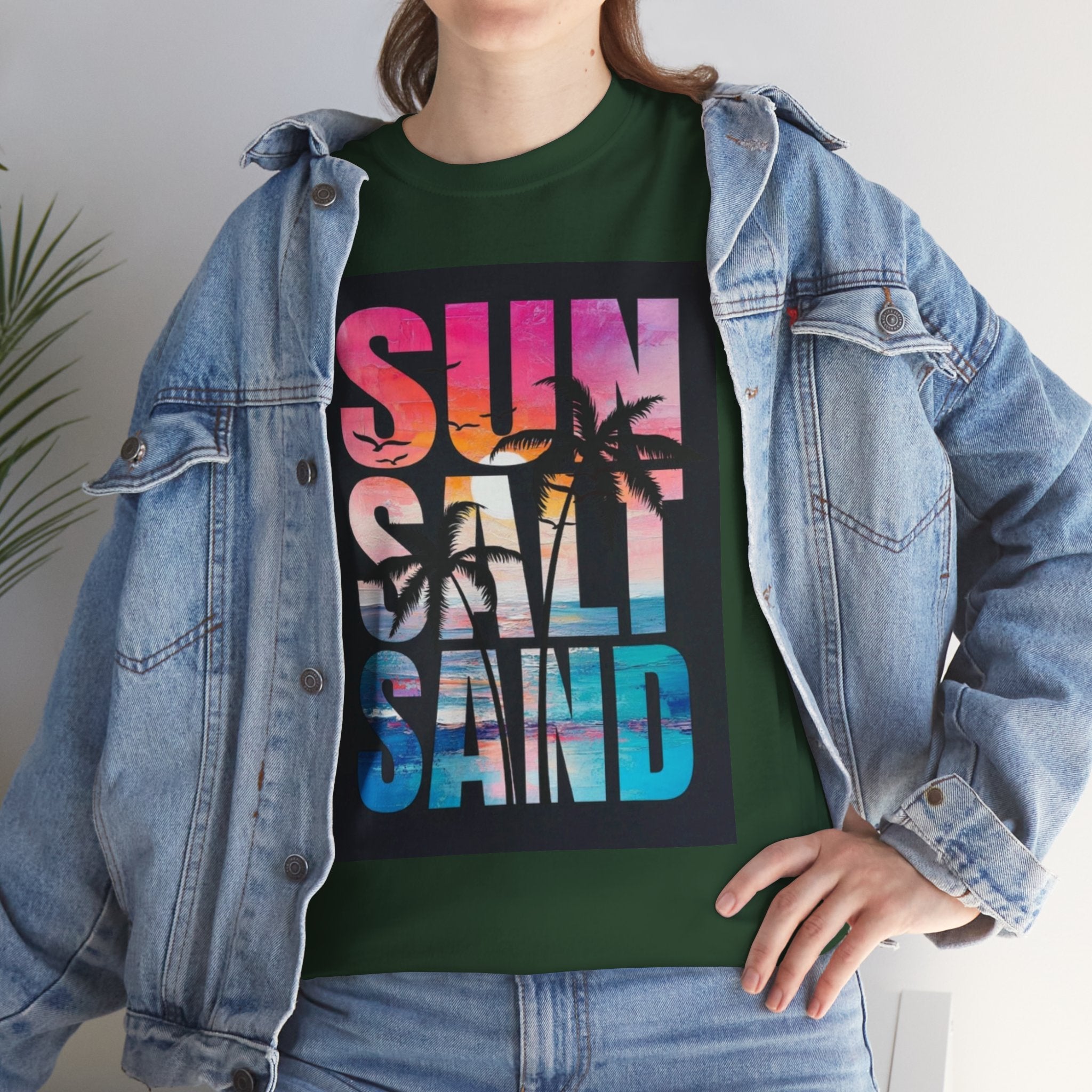 Sun Salt Sand Beach T-Shirt — Tropical Palm Sunset Graphic Tee