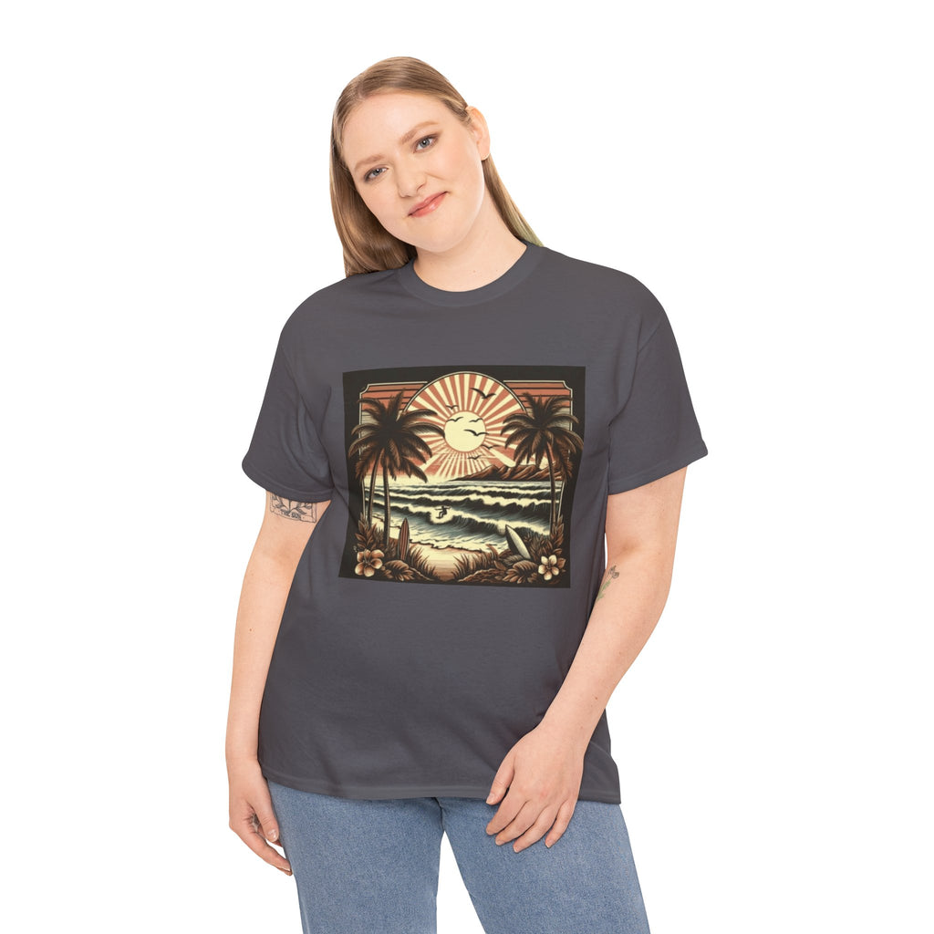 Retro Tropical Beach T-Shirt — Vintage Palm Sunset Graphic Tee