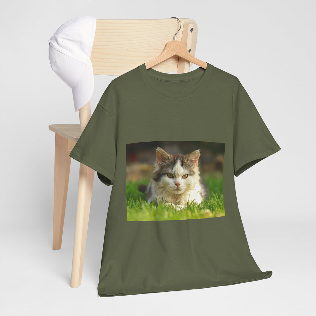 Cat Photo Tee — Relaxed Cat Lying in Grass T-Shirt