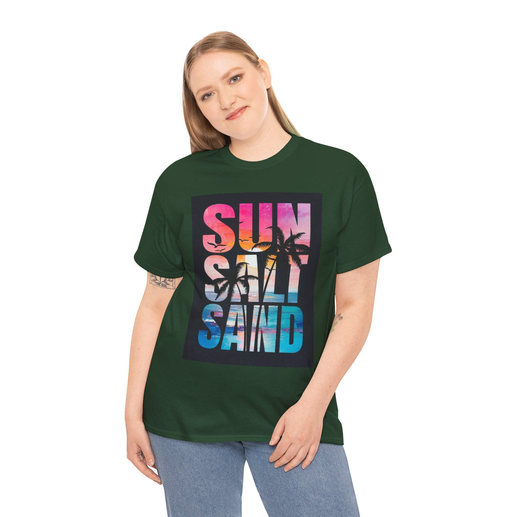 Sun Salt Sand Beach T-Shirt — Tropical Palm Sunset Graphic Tee