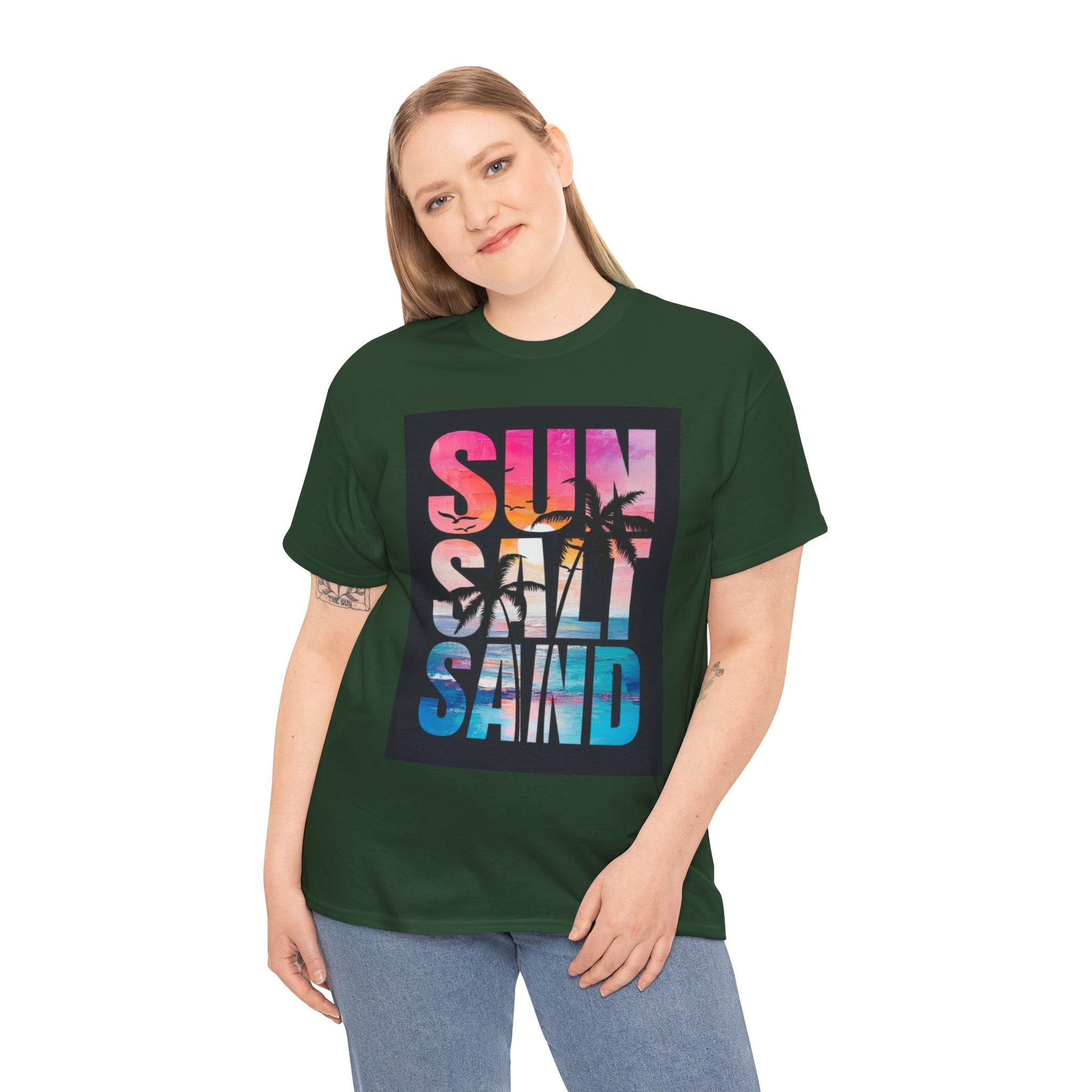Sun Salt Sand Beach T-Shirt — Tropical Palm Sunset Graphic Tee