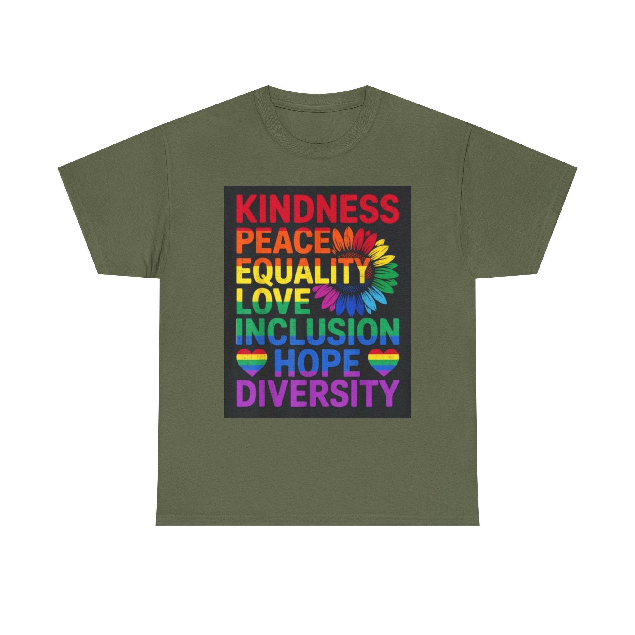 Kindness Peace Equality Rainbow T-Shirt — Pride Inclusion & Diversity Tee