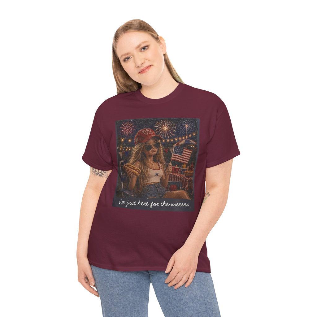 Patriotic Girl Graphic Tee — "I'm Just Here for the Fireworks" 4th of July Shirt