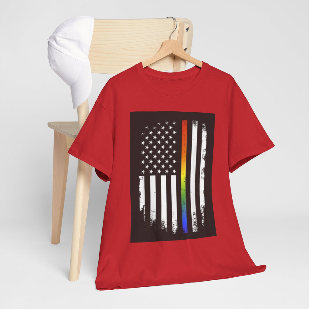 LGBTQ+ Pride Flag T‑Shirt — Distressed American Flag with Rainbow Stripe