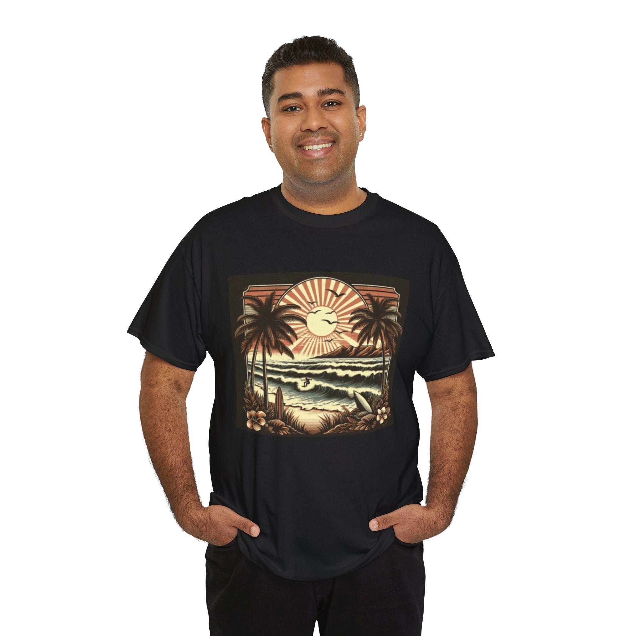 Retro Tropical Beach T-Shirt — Vintage Palm Sunset Graphic Tee