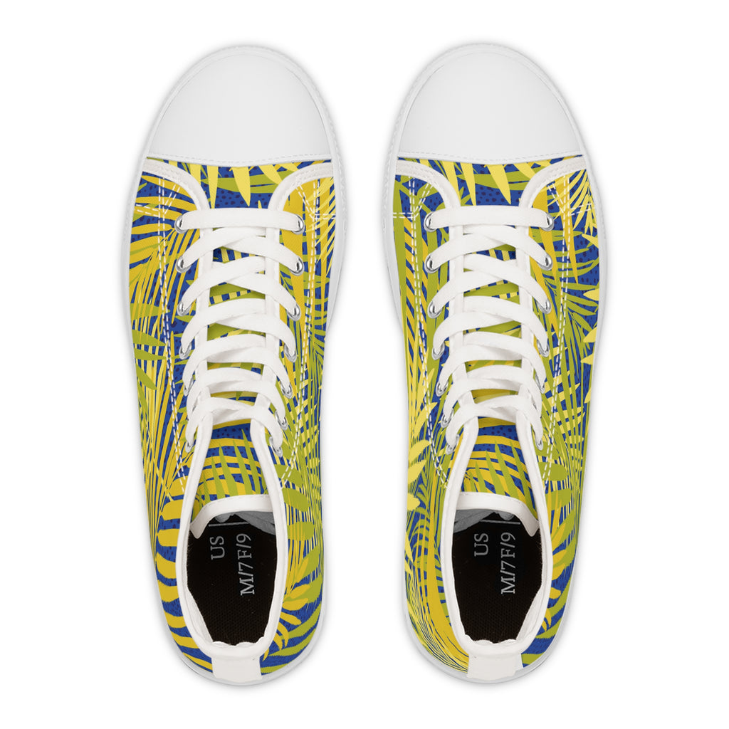 Tropical Palm High-Top Sneakers — Yellow & Blue Palm Leaf Women's Canvas Shoes