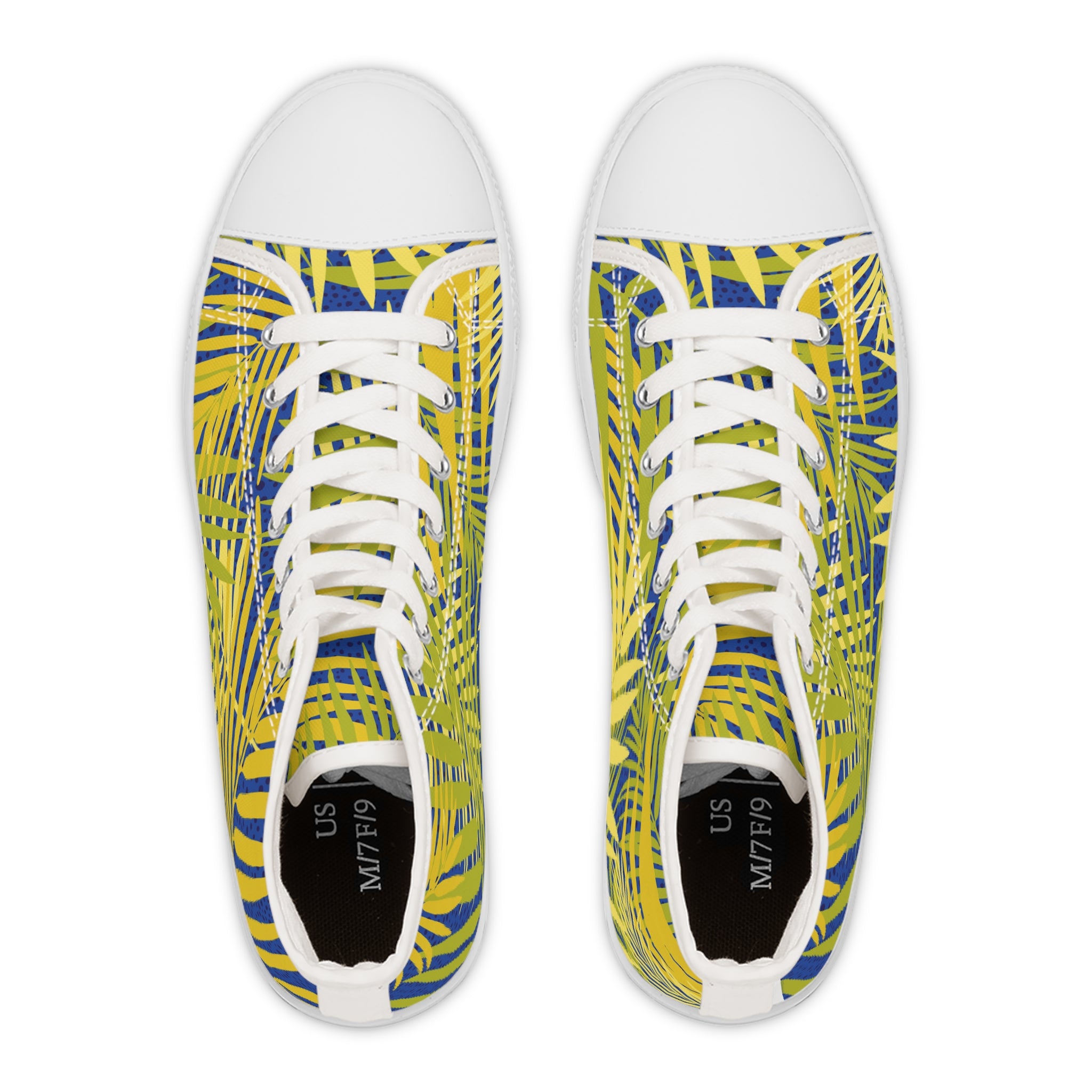 Tropical Palm High-Top Sneakers — Yellow & Blue Palm Leaf Women's Canvas Shoes