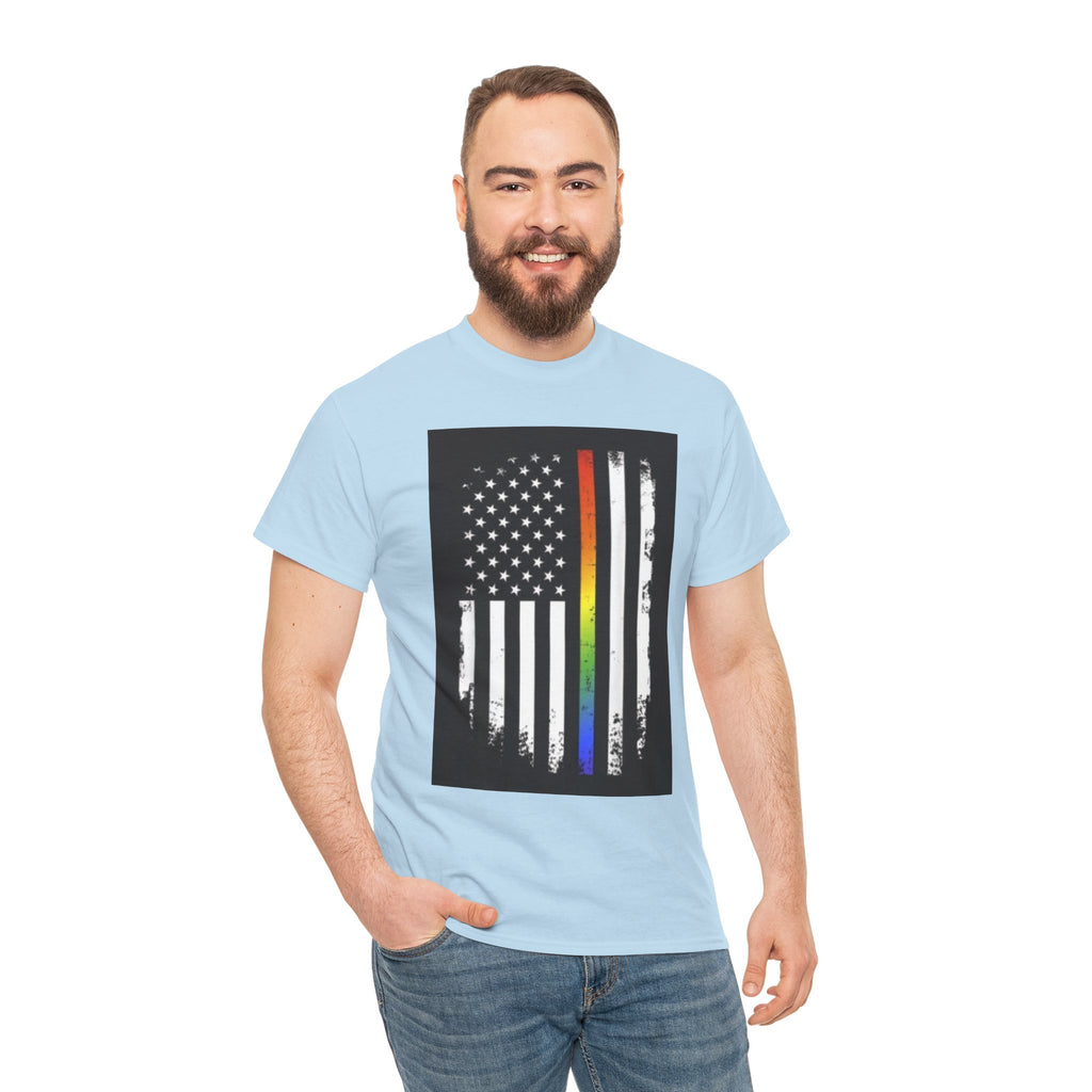 LGBTQ+ Pride Flag T‑Shirt — Distressed American Flag with Rainbow Stripe