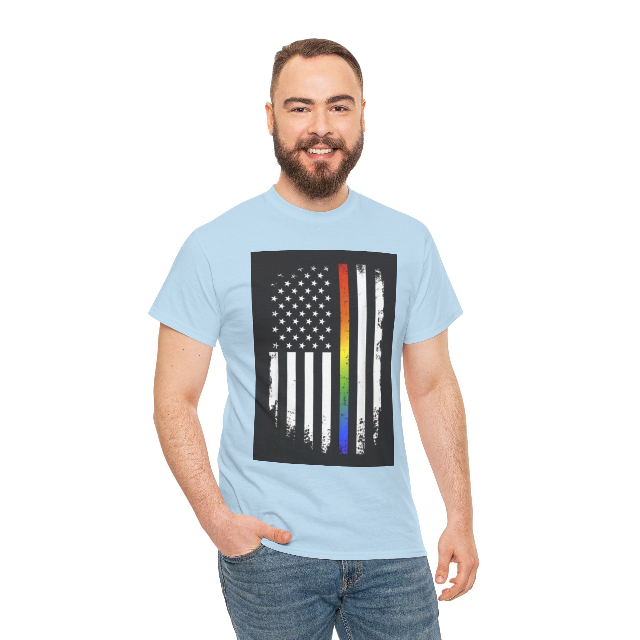 LGBTQ+ Pride Flag T‑Shirt — Distressed American Flag with Rainbow Stripe