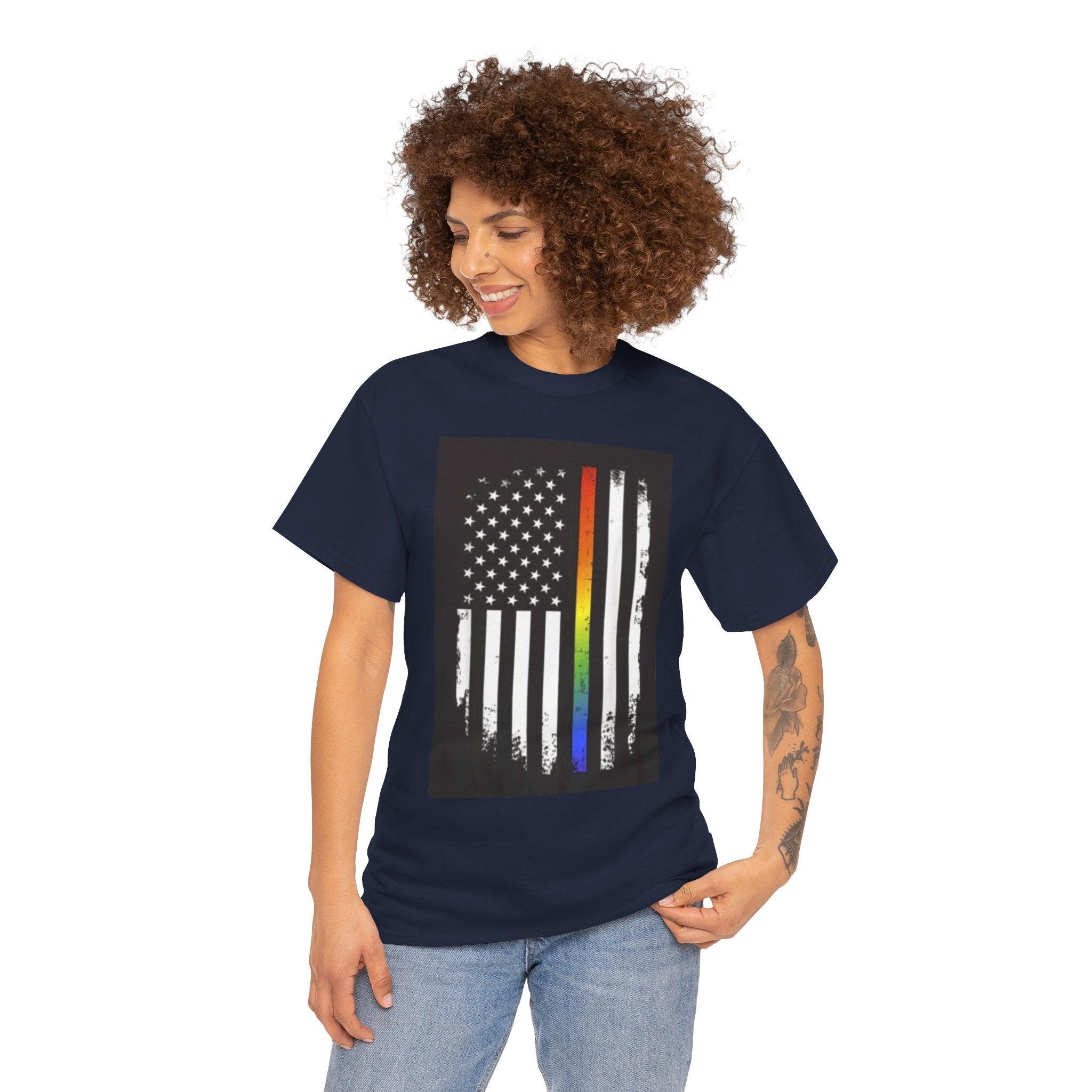 LGBTQ+ Pride Flag T‑Shirt — Distressed American Flag with Rainbow Stripe