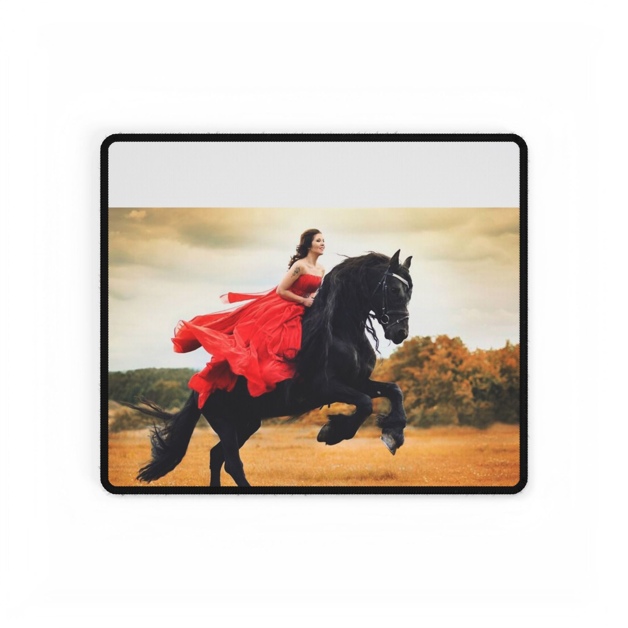 Equestrian Fantasy Desk Mat — Woman in Red on Black Stallion