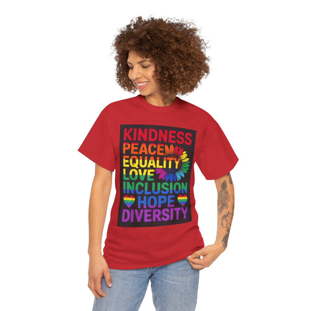 Kindness Peace Equality Rainbow T-Shirt — Pride Inclusion & Diversity Tee