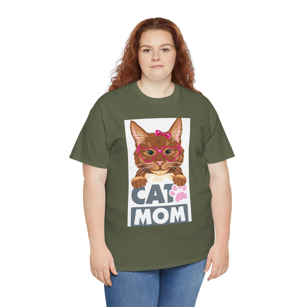 Cat Mom T-Shirt — Cute Cat Face Graphic Tee with "CAT MOM" Paw Print