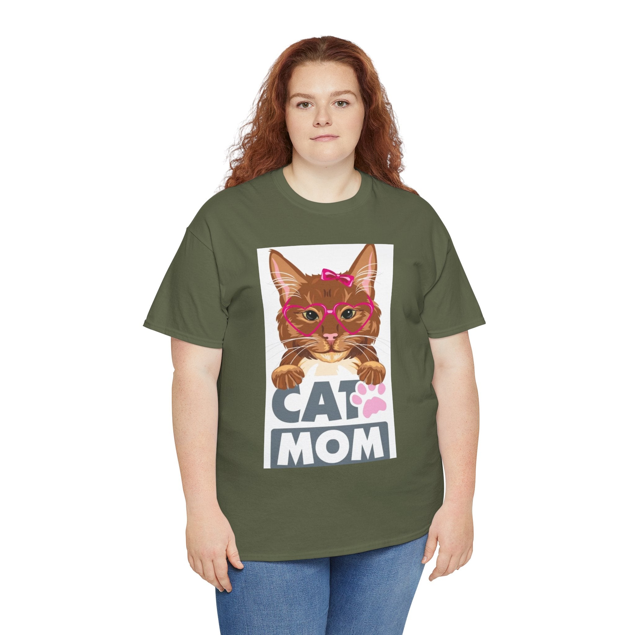 Cat Mom T-Shirt — Cute Cat Face Graphic Tee with "CAT MOM" Paw Print