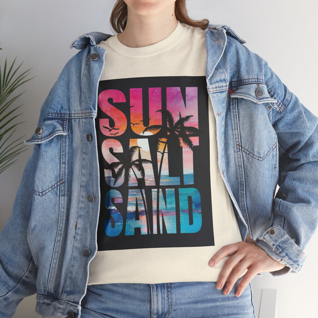 Sun Salt Sand Beach T-Shirt — Tropical Palm Sunset Graphic Tee