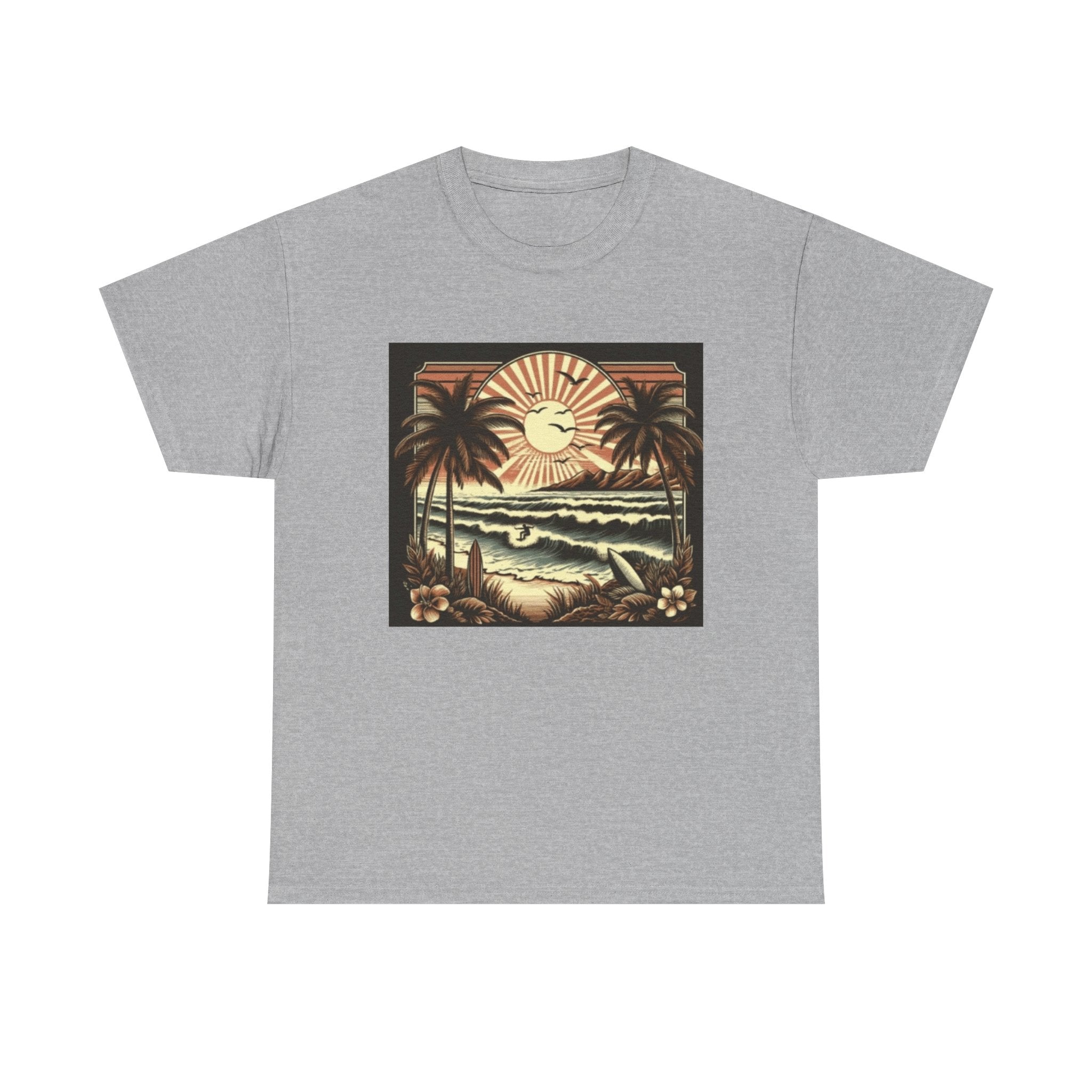 Retro Tropical Beach T-Shirt — Vintage Palm Sunset Graphic Tee
