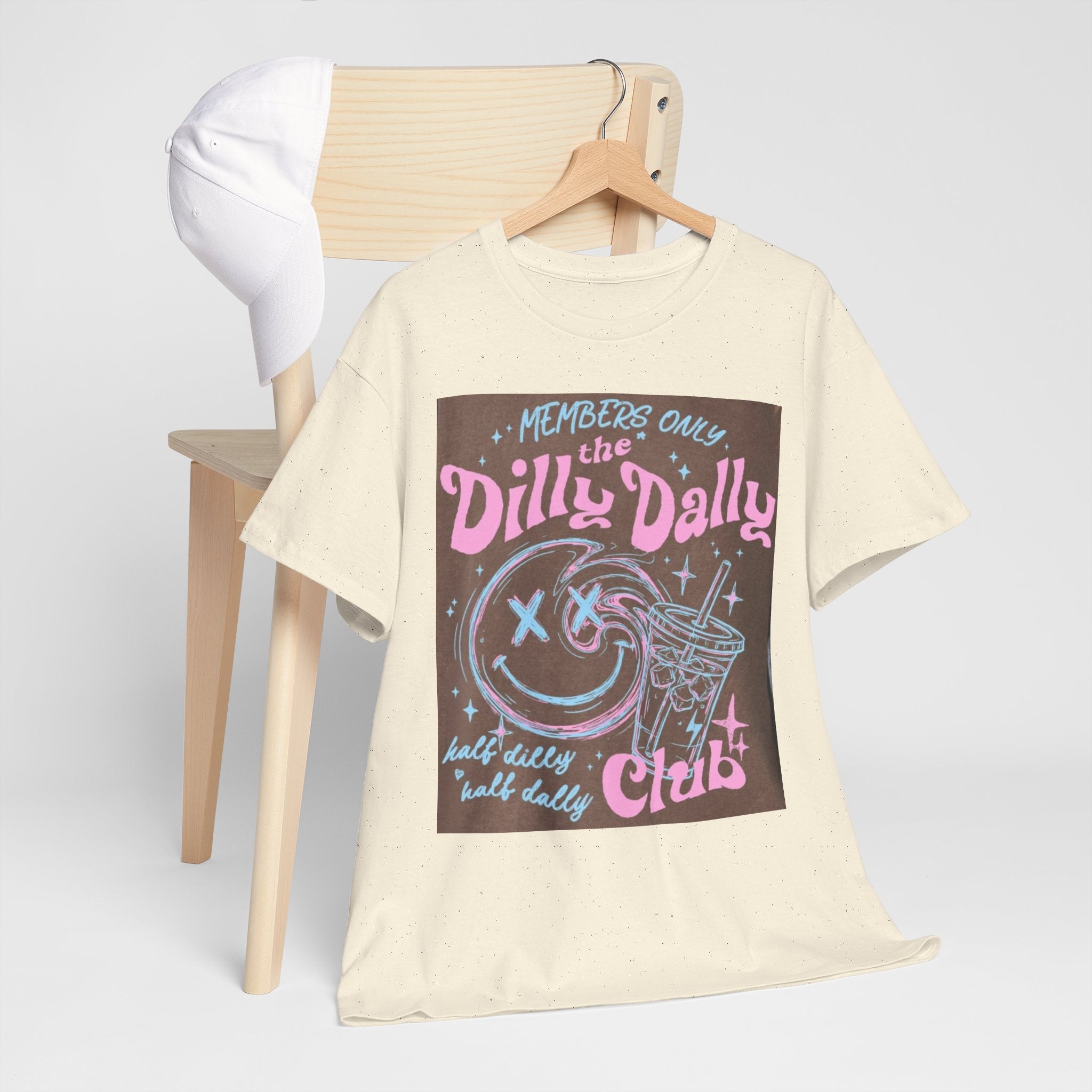 Dilly Dally Club Graphic Tee — Retro Pastel Drink & Moon Design