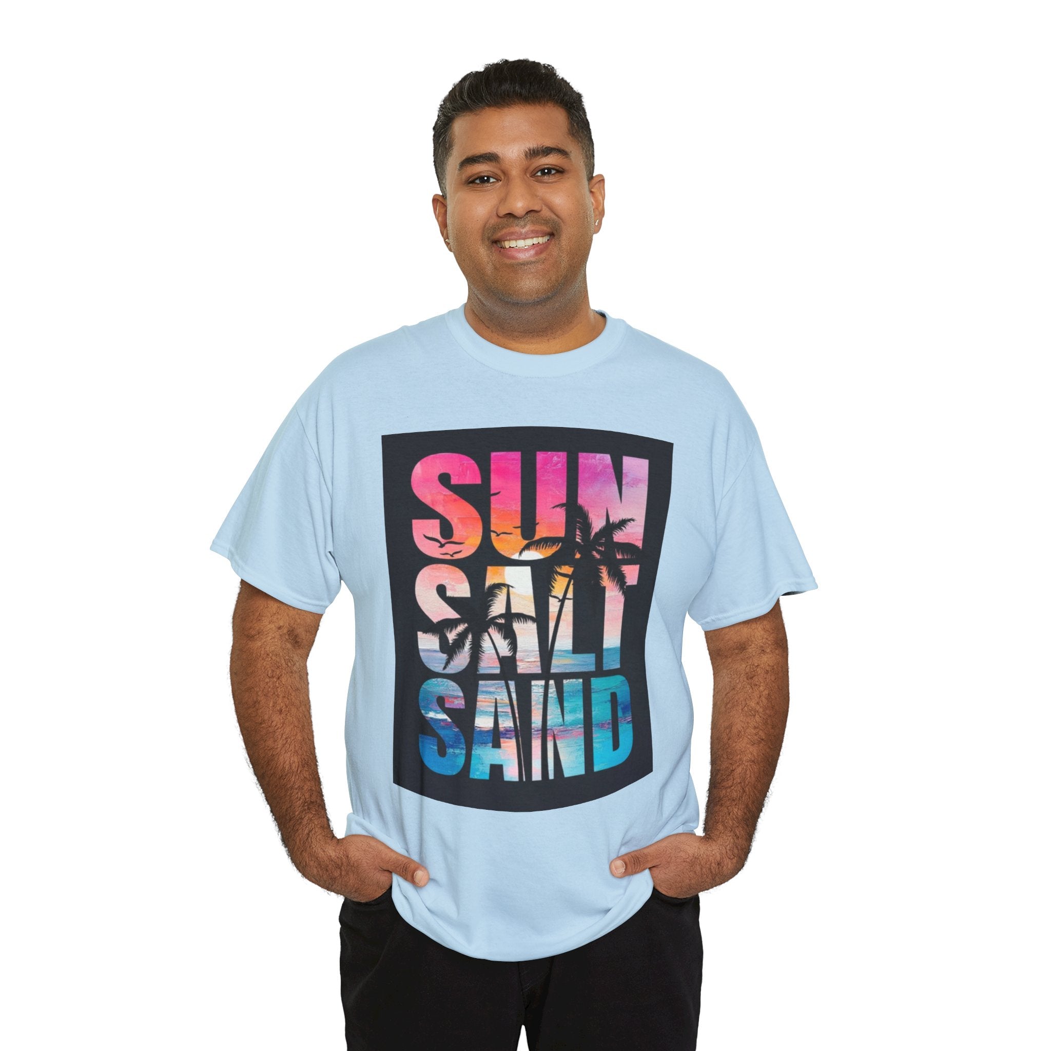 Sun Salt Sand Beach T-Shirt — Tropical Palm Sunset Graphic Tee