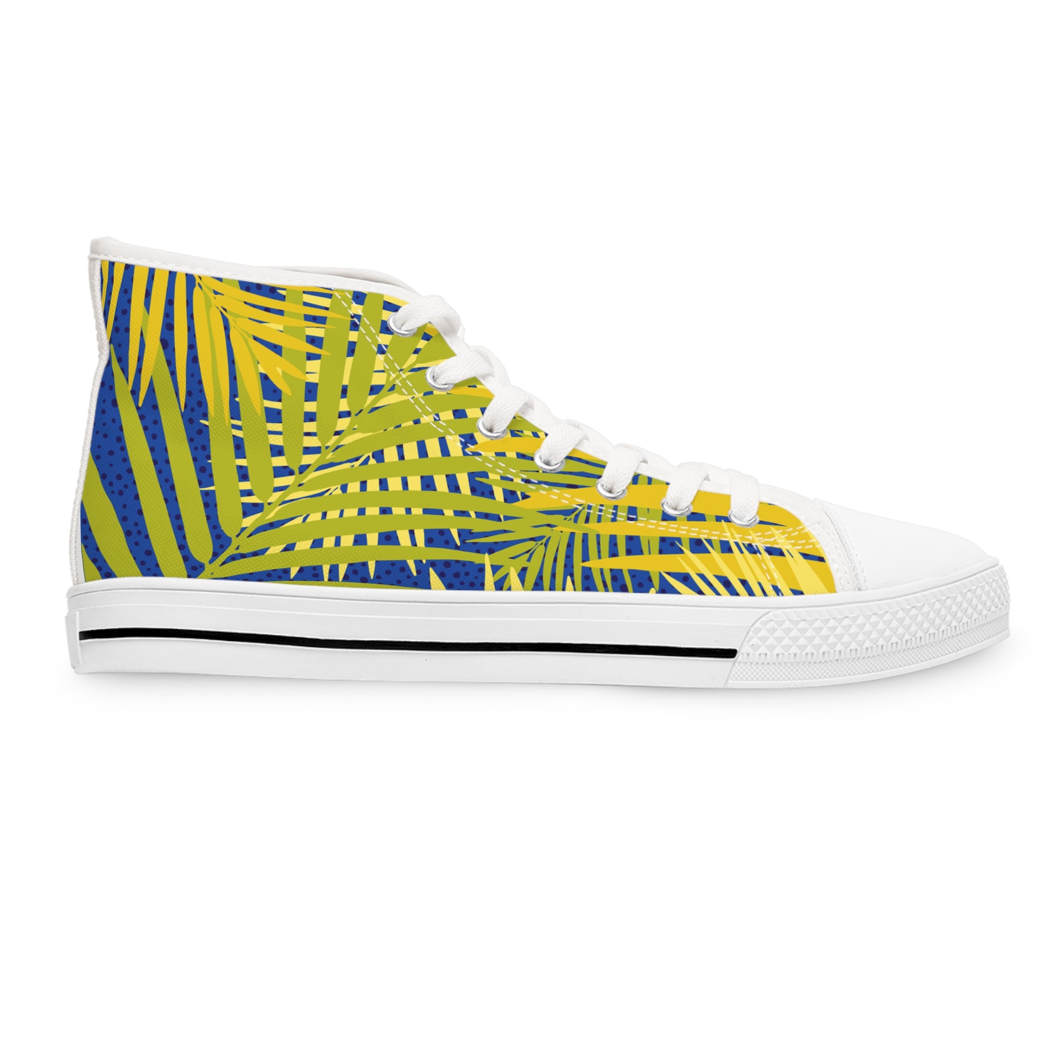 Tropical Palm High-Top Sneakers — Yellow & Blue Palm Leaf Women's Canvas Shoes