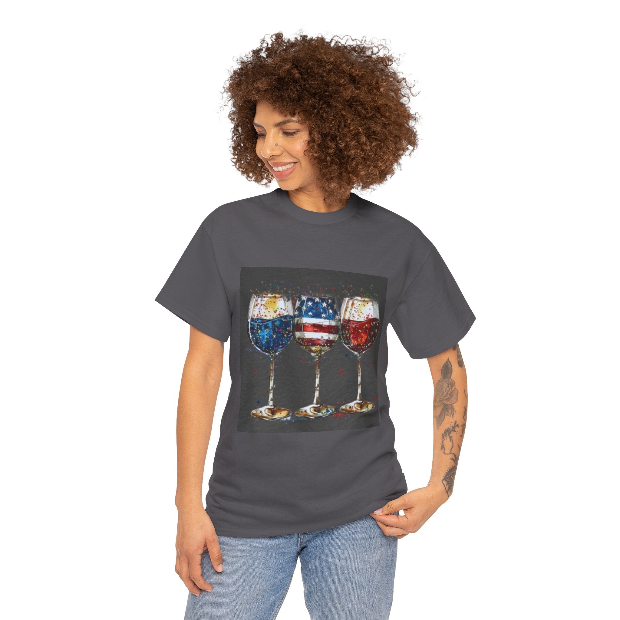 Wine Glasses with American Flag Design Tee