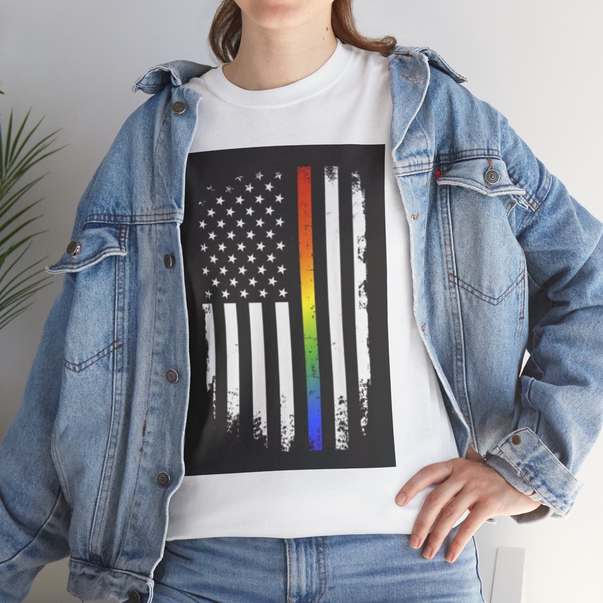 LGBTQ+ Pride Flag T‑Shirt — Distressed American Flag with Rainbow Stripe