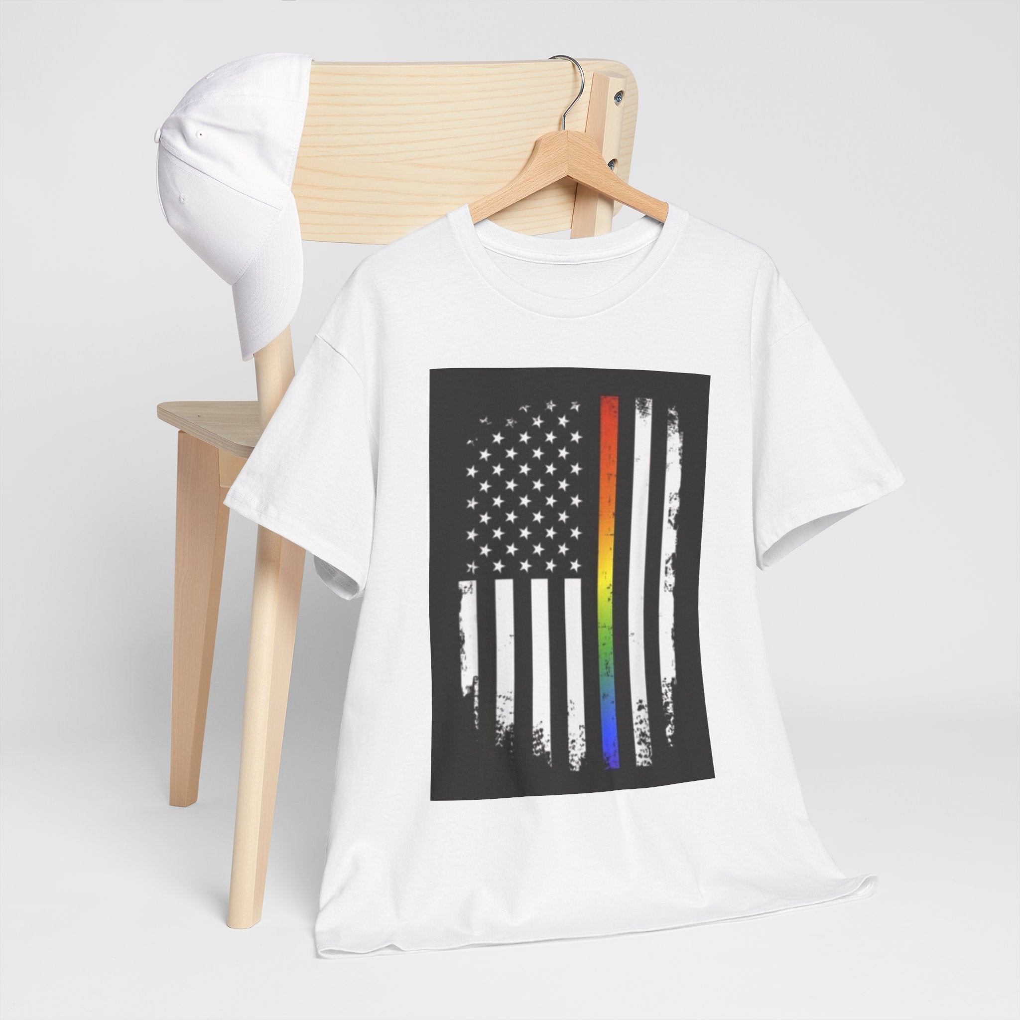 LGBTQ+ Pride Flag T‑Shirt — Distressed American Flag with Rainbow Stripe