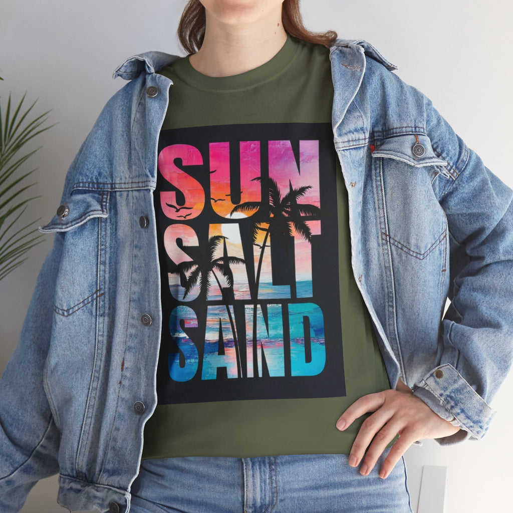 Sun Salt Sand Beach T-Shirt — Tropical Palm Sunset Graphic Tee