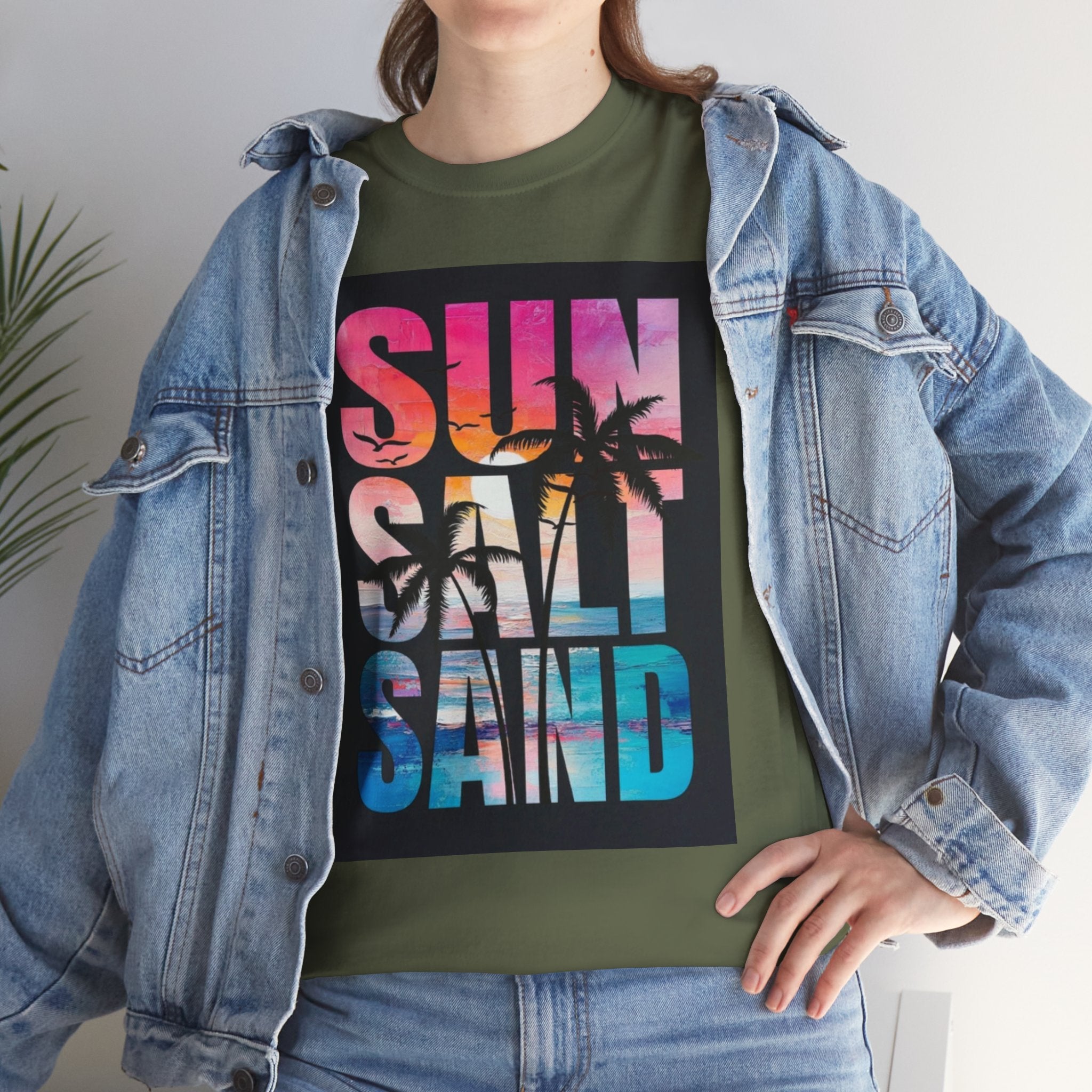 Sun Salt Sand Beach T-Shirt — Tropical Palm Sunset Graphic Tee