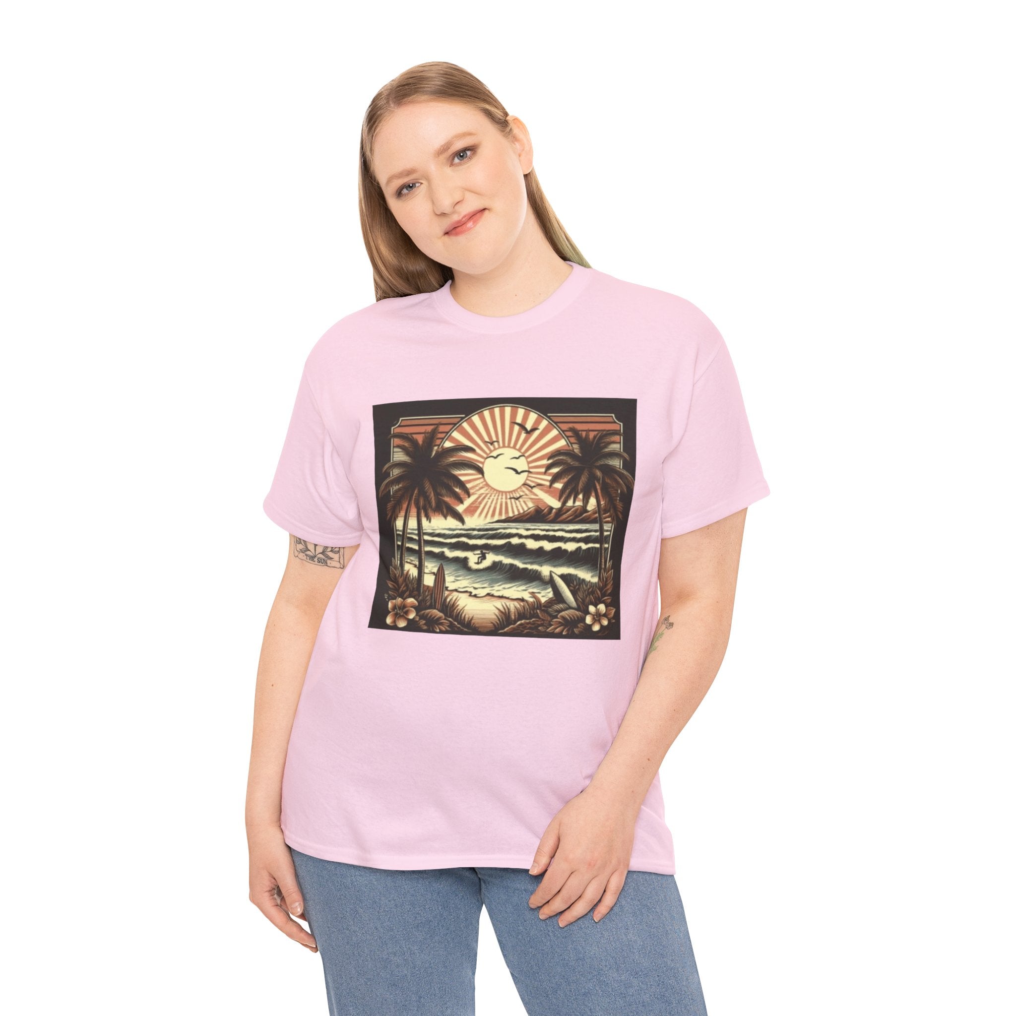 Retro Tropical Beach T-Shirt — Vintage Palm Sunset Graphic Tee