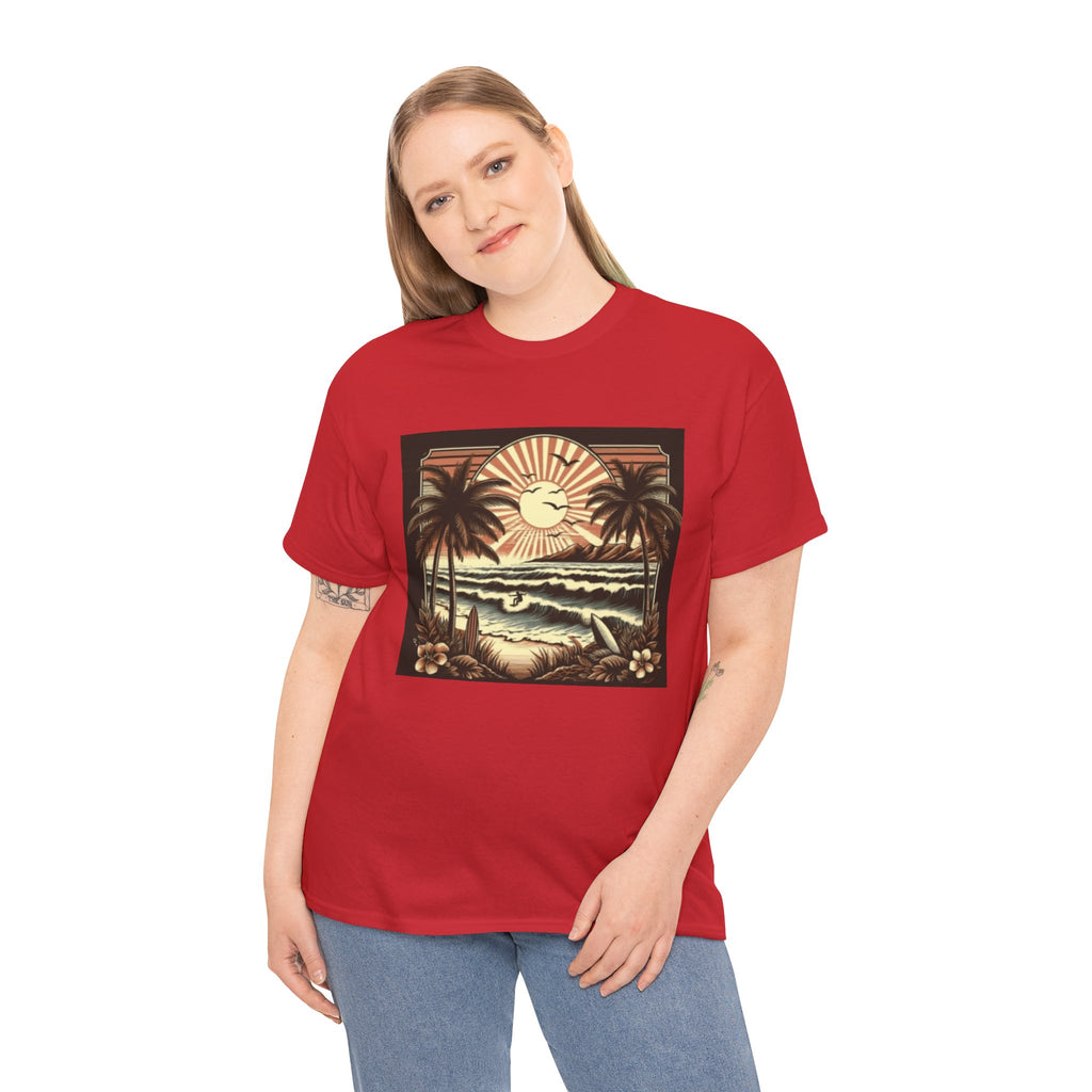 Retro Tropical Beach T-Shirt — Vintage Palm Sunset Graphic Tee