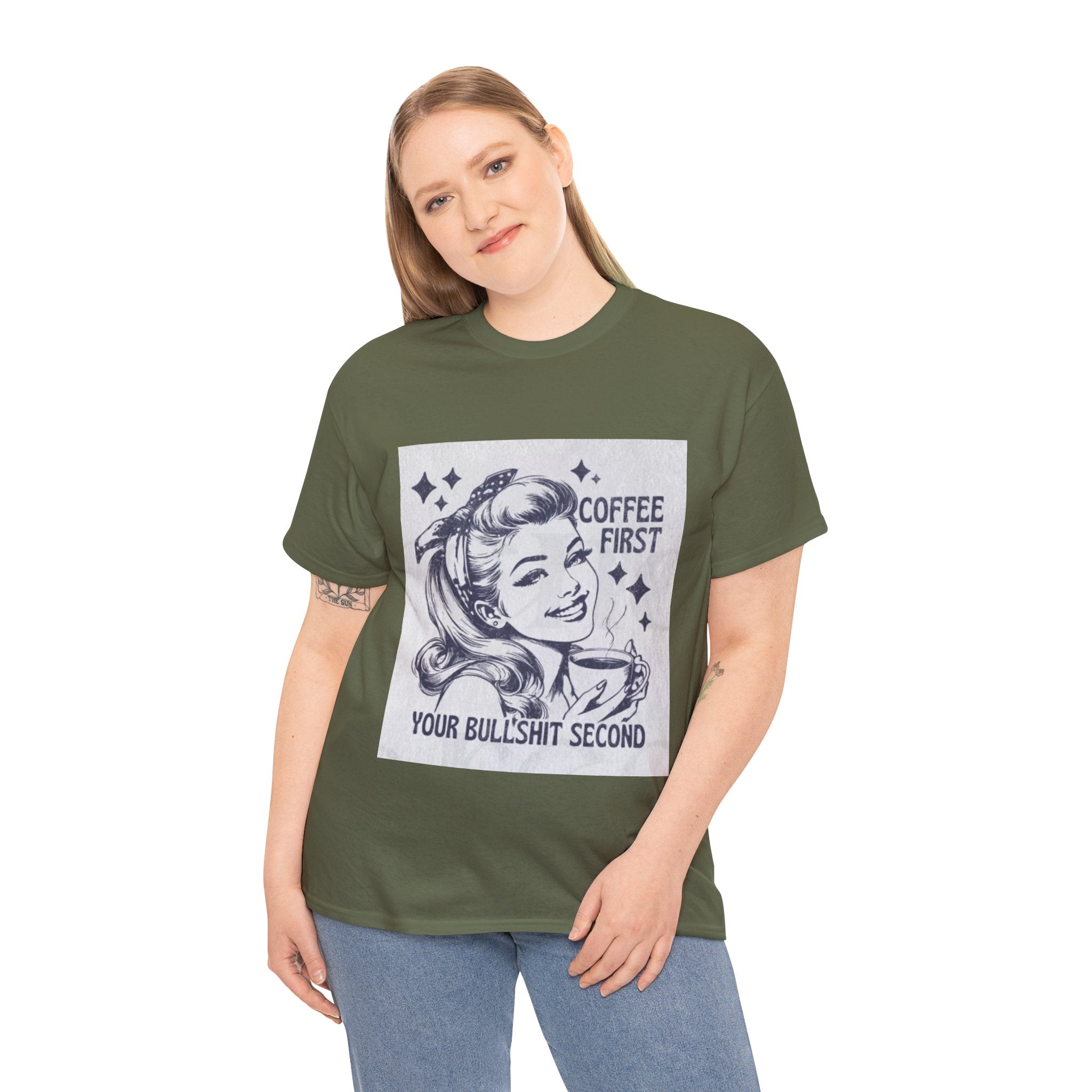 Coffee First Tee — “Coffee First, Your Bullshit Second” Retro Women’s Graphic T‑Shirt