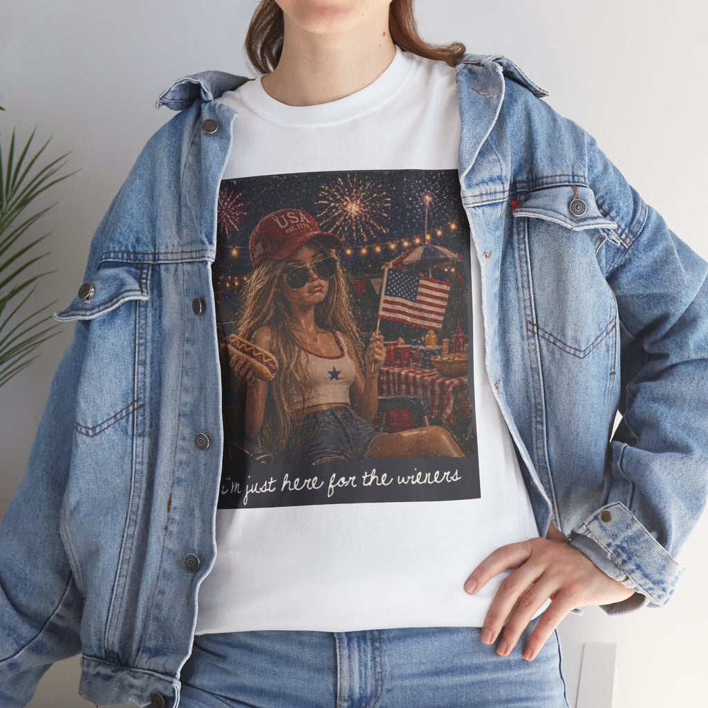 Patriotic Girl Graphic Tee — "I'm Just Here for the Fireworks" 4th of July Shirt